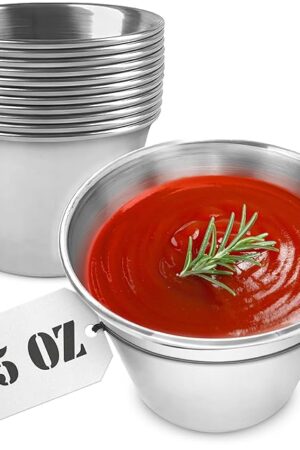 12 Pcs Dipping Sauce Cups – 2.5 Oz Dip Cups with Stackable Design & 2.3″ Diameter, Precision Capacity for Portion Control – Durable Stainless Steel Build, Suited for Hot & Cold Sauces