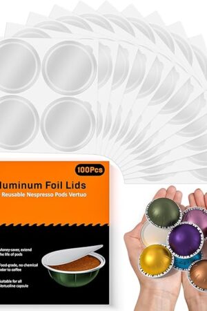 Aluminum Foil Lids for Reusable Nespresso Vertuo Pods, 100 PCS Reusable Foil Seal Cover for Refill Espresso Coffee Capsule, Compatible with Nespresso Vertuo Machine