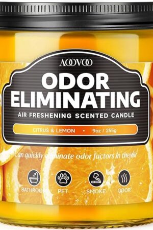 AOOVOO Citrus Lemon Odor Eliminating Highly Fragranced Candle - Eliminates 95% of Pet, Smoke, Food, and Other Smells Quickly, Air Freshing Soy Candle, 9 oz
