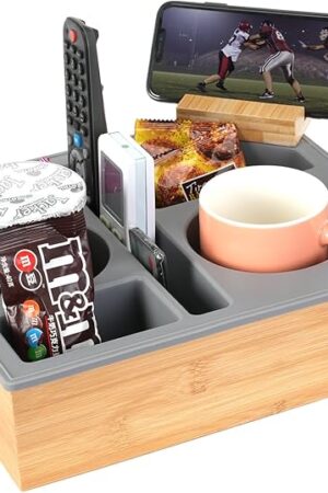 Couch Cup Holder Tray, Handy Silicone Bamboo Couch Caddy with Rotatable Phone Holder for Bed Car Seat Organizer, Waterproof Anti-spill Sofa Cup Holder for Snacks Beverage Remote (Gray)
