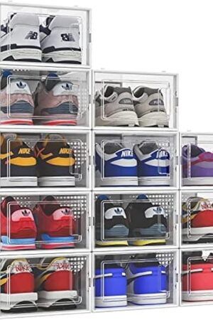 12 Pack Shoe Organizer Storage Bins Clear Plastic Stackable Shoe Boxes for Closet, Space Saving Foldable Shoe Storage Case, Sneaker Storage Shoe Box Container