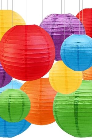 Colourful Paper Lanterns,12pcs Rainbow Hanging Round Paper Lamps for Classroom,Birthday,Baby Shower,Wedding,Party and Ceiling Decoration
