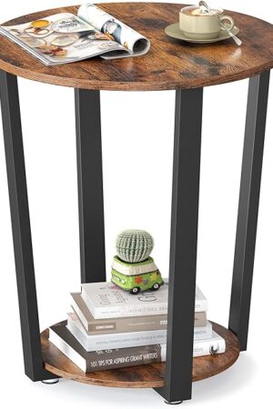 VASAGLE End Table, Round Side Table with Storage Shelf, Easy Assembly, Industrial Accent Furniture with Steel Frame, Rustic Brown and Black