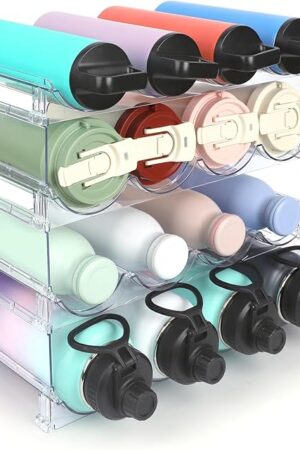 Water Bottle Organizer - 4 Pack Clear Stackable Bottle Storage Rack and Wine Rack for Stanley Yeti Bottle and Other Tumbler Organizer for Kitchen Cabinets, 4 Tier Hold 16