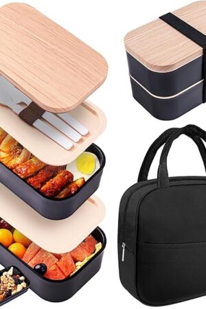 Bento Box with Lunch Bag Microwavable All-in-One Meal Prep Compartment Lunch Containers with Utensils Leak Resistant Lunch Box with Sauce Container 60oz Black