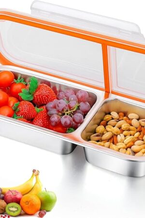 AIERSA Stainless Steel 2 Compartment Snack Box Container, Size 10.3 in X 4 in Reusable Snack Containers with Lids,Divided Grab and Go Snack Container for Take-out Condiments, Leakproof