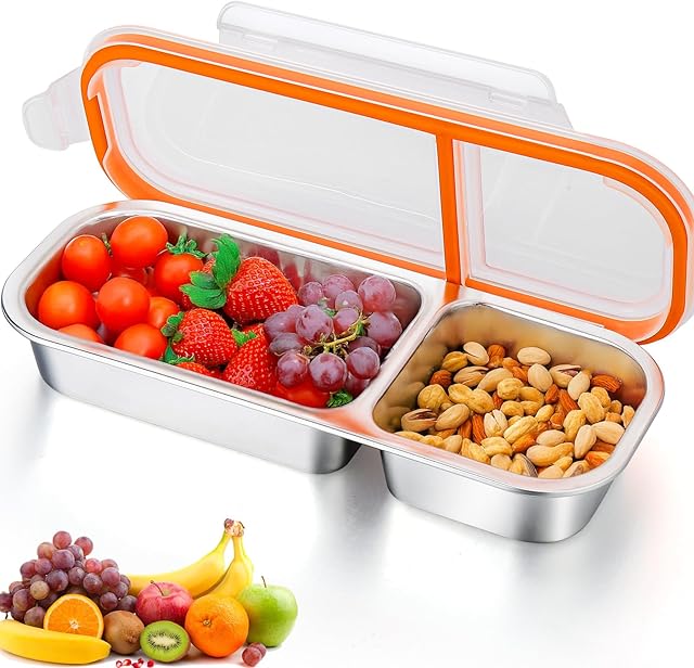 AIERSA Stainless Steel 2 Compartment Snack Box Container, Size 10.3 in X 4 in Reusable Snack Containers with Lids,Divided Grab and Go Snack Container for Take-out Condiments, Leakproof