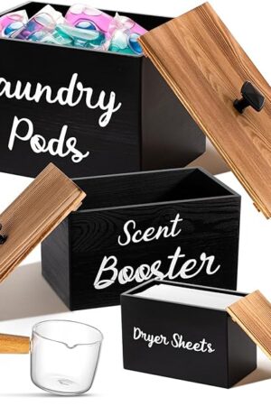 Dandat 3 Pcs Dryer Sheet Holder Laundry Pod Holder Scent Booster Container Set with Scoop Rustic Wood Dryer Sheet Container Laundry Beads Dispenser for Storage(Black)