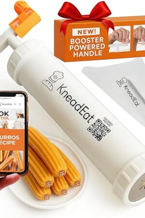 Churro Maker Kit with Booster-powered Handle. Churrera and Piping Bag Churros Filler. Easy QR-Recipe to Prepare and Fill Your Own Churros at Home - KneadEat Cookie press - Churro press.