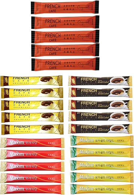 25 Instant Coffee Sampler, Korean Instant Coffee Mix Assortment Package, 25 Sticks, Maxim, French Café,