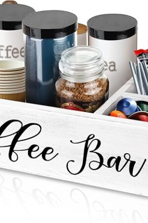 Coffee Station Organizer Wooden Coffee Bar Holder Accessories for Countertop, Farmhouse Kcup Pod Storage Basket with Handle - White