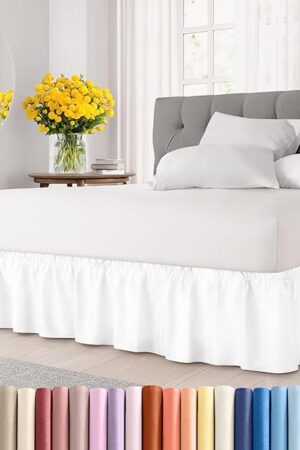 Wrap Around Dust Ruffle Bed Skirt - White - for Queen Size Beds with 12 Inch Drop - Easy Fit Elastic Strap - Adjustable Pleated Bedskirt w/Brushed Fabric - Wrinkle Free - for Women, Men, Kids & Teens