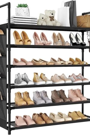 6 Tier Shoe Rack, Shoe Organizer Storage for 24-30 Pairs Shoe and Boot, Long Shoe Shelf with Hook and Side Pocket Free Standing Tall Shoe Rack Organizer for Closet, Entryway, Dorm