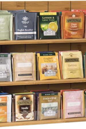 X-cosrack Bamboo Tea Bag Organizer Storage Box, 3 Tier Stackable Tea Bag Box Natural Wood, Wall Mount Tea Chests with Acrylic for tea bags Office Kitchen Cabinet Pantry