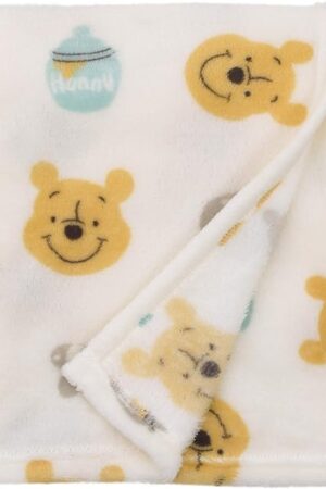 Disney Winnie The Pooh - Ivory, Yellow & Aqua Super Soft Plush Baby Blanket, Ivory, Yellow, Aqua