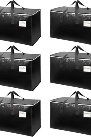 6-Pack Extra-Large Heavy-Duty Moving Bags with Reinforced Handles, Durable Zippers & Waterproof Material — Perfect for Space-Saving, Storage, Shipping and Travel (Black)