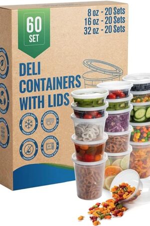 Deli Containers with Airtight Lids - 60 Piece Set (8oz, 16oz, 32oz) Perfect for Slime, Portion Control, Microwavable, Dishwasher, Freezer Safe, Leakproof, Stackable