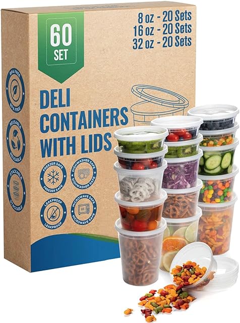 Deli Containers with Airtight Lids - 60 Piece Set (8oz, 16oz, 32oz) Perfect for Slime, Portion Control, Microwavable, Dishwasher, Freezer Safe, Leakproof, Stackable