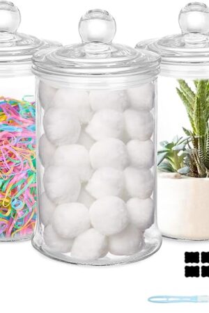 3 Pack Glass Apothecary Jars with Lids, 25oz Clear Bathroom Accessories Canisters Storage Organizer, Cotton Ball Holder Containers, Glass Jars for Bathroom, Vanity, Laundry Room