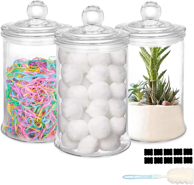 3 Pack Glass Apothecary Jars with Lids, 25oz Clear Bathroom Accessories Canisters Storage Organizer, Cotton Ball Holder Containers, Glass Jars for Bathroom, Vanity, Laundry Room