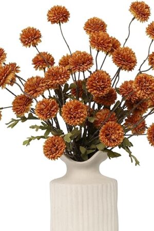 DuHouse 6pcs Artificial Flowers Faux Silk Pompon Mum,Silk Small Mini Chrysanthemum Ball with Stems for DIY Bouquets Centerpieces Vase Home Table Kitchen Decorations(Burnt Orange)