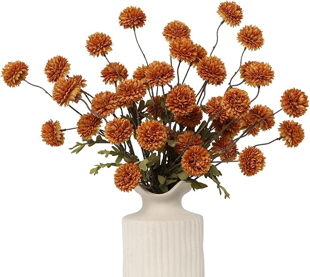 DuHouse 6pcs Artificial Flowers Faux Silk Pompon Mum,Silk Small Mini Chrysanthemum Ball with Stems for DIY Bouquets Centerpieces Vase Home Table Kitchen Decorations(Burnt Orange)
