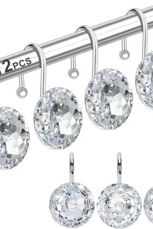 12PCS Shower Curtain Hooks Rings for Bathroom, Stainless Steel Rust Resistant Decorative Rhinestones Shower Curtain Rings Hangers for Shower Curtains, Clothing, Towels, etc. (Clear)