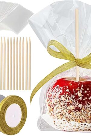 YESTOO 200 Pack Candy Apple Caramel Apple Sticks and Bags,100 Bags,100 Sticks, 50 Yard Gold and Silver Glitter Ribbon Caramel Apple Making kit