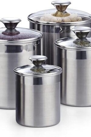 Cooks Standard Stainless Steel Food Jar Storage Canister Set Medium 4-Piece, 0.95qt/1.6qt/2.5qt/3.5qt Airtight Containers with Glass Lid for Tea Coffee Sugar Flour