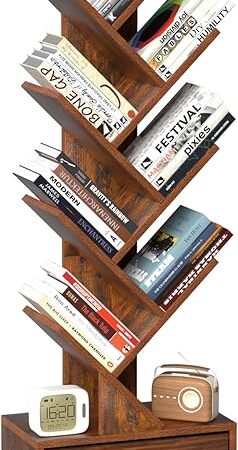 8 Tier Tree Bookshelf Free Standing Wood Bookcase Rustic Brown