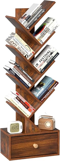 8 Tier Tree Bookshelf Free Standing Wood Bookcase Rustic Brown