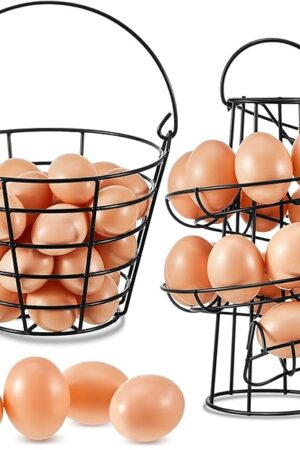Zubebe 2 Pcs Egg Basket Storage, Spiral Fresh Egg Collecting Holder Countertop Metal Wire Rack Functional Dispenser for Kitchen Display(9.4'',handle Style)