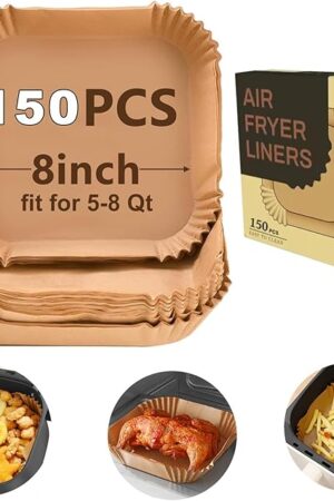 air fryer paper liners, 150pcs disposable airfryer liners parchment papers, square 8inch Non-stick sheets, air fryer liners disposable basket, Free of Bleach