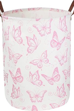 CLOCOR Pink Laundry Basket,Waterproof Nursery Hamper for Baby Girl ,Collapsible Storage Baskets for Girls Bedroom,Kids Toys Storage Bin,Room Decor,Gift Basket（Pink Butterfly