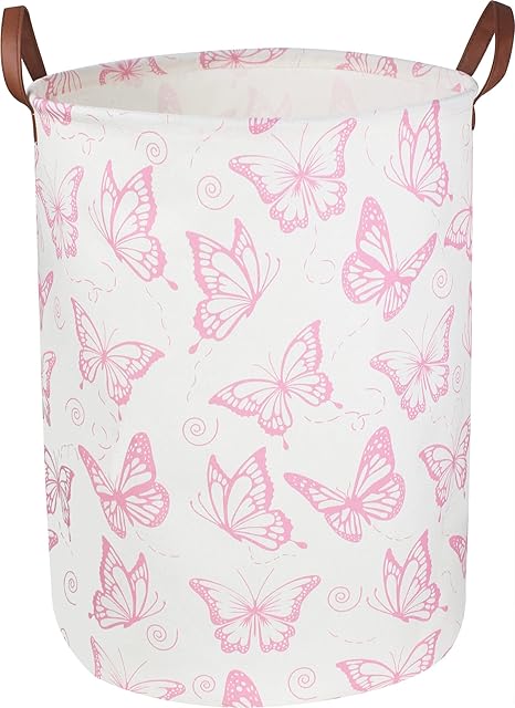 CLOCOR Pink Laundry Basket,Waterproof Nursery Hamper for Baby Girl ,Collapsible Storage Baskets for Girls Bedroom,Kids Toys Storage Bin,Room Decor,Gift Basket(Pink Butterfly