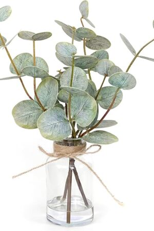 Artificial Eucalyptus Stems in Glass Vase with Faux Water,3Pcs Fake Plant with Double-Sided Green Leaves for Centerpiece(Double-Sided Green Eucalyptus)