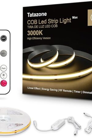 White COB Led Strip Lights Max with RF Remote, 16.4ft 3000K Dimmable Ultra Bright Warm White COB Light Strip, Adhesive Indoor COB Led Lights for Living Room, Shelf, Cabinet