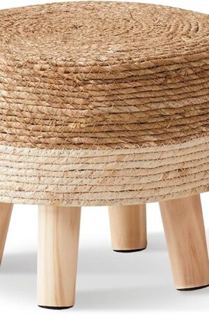 Cpintltr Foot Stool Natural Seagrass Hand Weave Poufs Round Ottoman for Couch Desk Soft Step Stool Padded Foot Rest with Non-Skid Pine Legs for Hallway Office Lounge Natural/White