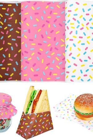 240 Sheet Donut Sprinkles Wax Paper Brown Pink White Sprinkles Design Food Wrapping Tissue Paper Deli Paper Basket Liners for Home Kitchen Restaurant Baking