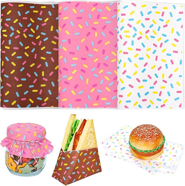 240 Sheet Donut Sprinkles Wax Paper Brown Pink White Sprinkles Design Food Wrapping Tissue Paper Deli Paper Basket Liners for Home Kitchen Restaurant Baking