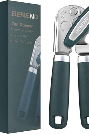 Beneno Can Opener Manual with Magnet, Hand Held Heavy Duty Can Opener with Durable Sharp Blade Smooth Edge, Big Effort-Saving Knob, Soft Grip Rubber Handle, Multifunctional Bottle Opener, Green