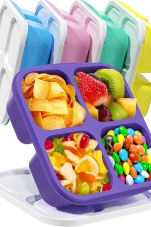 5 Pcs Bento Snack Containers, Reusable 4 Compartment Divided Food Storage Containers, Divided Lunchable Container for School, Work and Travel (5 Color)