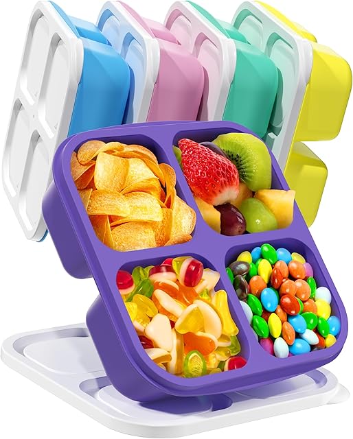 5 Pcs Bento Snack Containers, Reusable 4 Compartment Divided Food Storage Containers, Divided Lunchable Container for School, Work and Travel (5 Color)