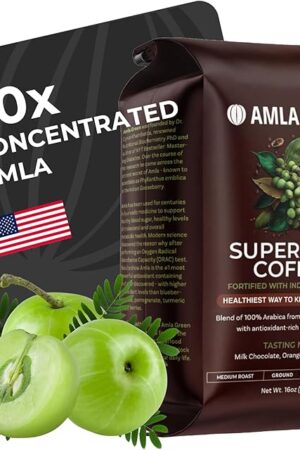 Amla Green Organic Ground Superfood Coffee, Medium Roast Gourmet Coffee with Antioxidant Rich Indian Gooseberry, 100% Arabica Specialty Coffee, 16 Oz