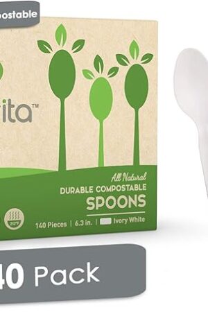 100% Compostable Spoons - 140 Large Disposable Utensils (6.3 in.) Eco Friendly Durable and Heat Resistant Alternative to Plastic Spoons with Convenient Tray