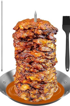 Al Pastor Skewer for Grill, Stainless Steel Vertical Skewer, Brazilian Vertical Spit Stand with 3 Removable Spikes(8?/10"/12?)& Brushes, for Tacos Al Pastor, Shawarma Kebabs Smoker Oven BBQ Dishes