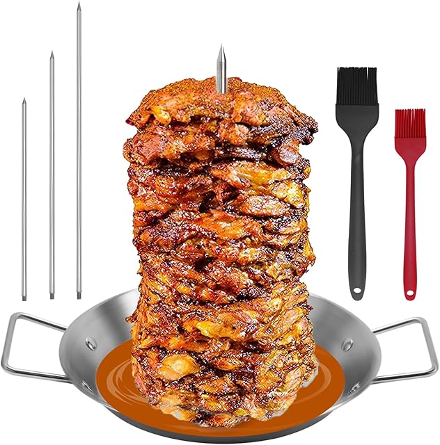Al Pastor Skewer for Grill, Stainless Steel Vertical Skewer, Brazilian Vertical Spit Stand with 3 Removable Spikes(8?/10"/12?)& Brushes, for Tacos Al Pastor, Shawarma Kebabs Smoker Oven BBQ Dishes