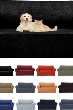 2025 New Stretch Loveseat Sofa Slipcovers Couch Cover for 2 Cushion Furniture Protector Sofa Covers with Elastic Bottom Jacquard Fabric Small Checks for Pets, Kids - Black
