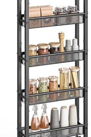 VASAGLE Slim Rolling Cart, 5-Tier Storage Cart, Narrow Carts with Handle, 5.1 Inches Deep, Metal Frame, for Kitchen, Dining Room, Living Room, Home Office, Rustic Brown and Classic Black ULRC034B01