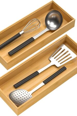 Bamboo Drawer Organizer Utensil Organizer for Kitchen, Wood, 15" x 6" x 2", Set of 2
